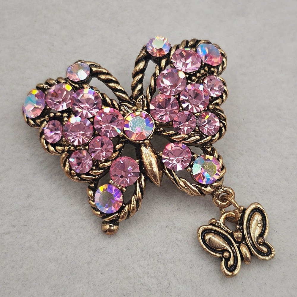 Pink Rhinestone Butterfly Brooch with Dangle Charm Iridescent Gold Tone Pin